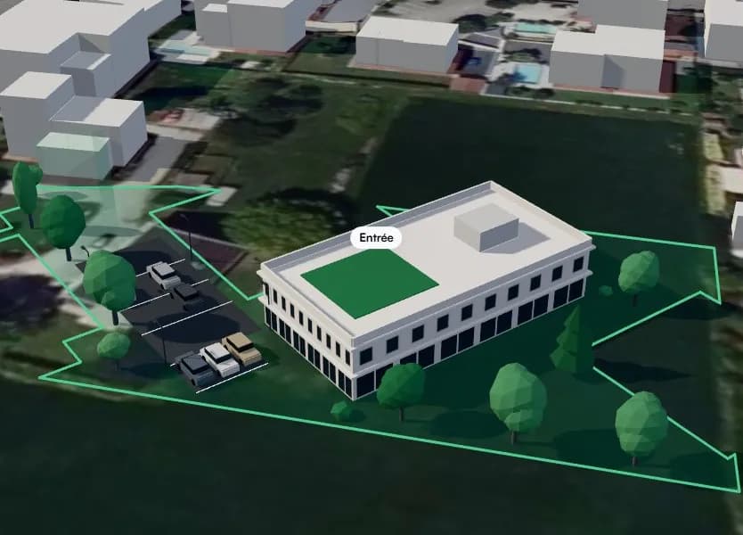 Vue 3D sur photo aérienne : un petit immeuble à la place de la maison.