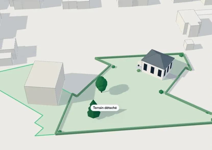 Vue 3D Arpendia : la maison est gardée, un terrain de 1 517 m² est détaché à côté.
