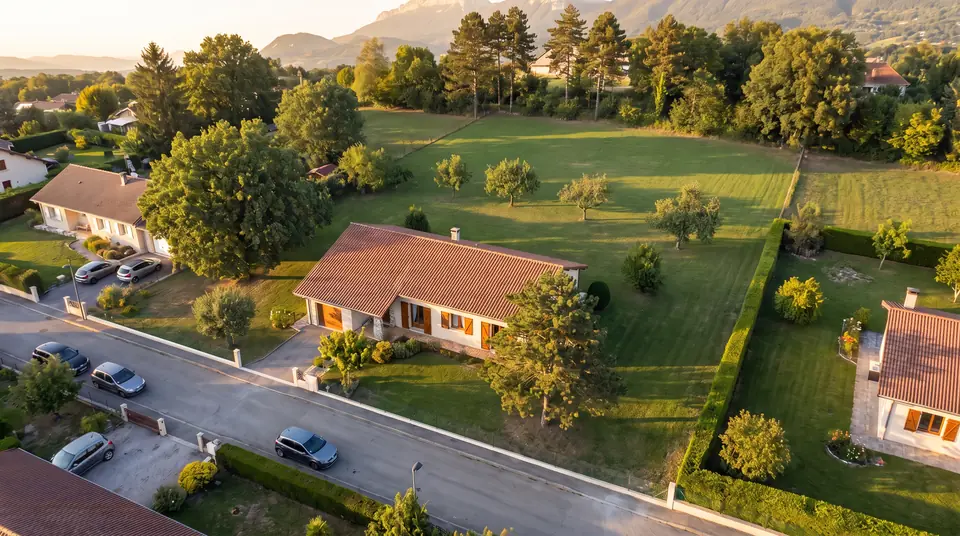 Vue aérienne simulée : une maison au bord de la rue et un grand jardin planté jusqu’à la haie du fond.
