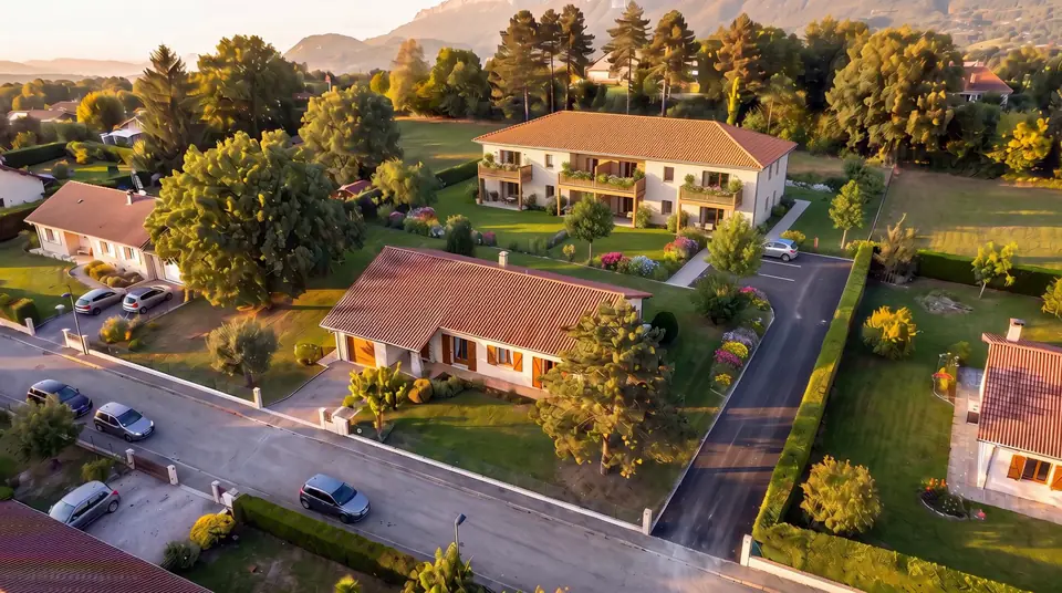 Vue simulée : la maison est gardée ; un petit bâtiment de six logements est construit au fond du jardin.