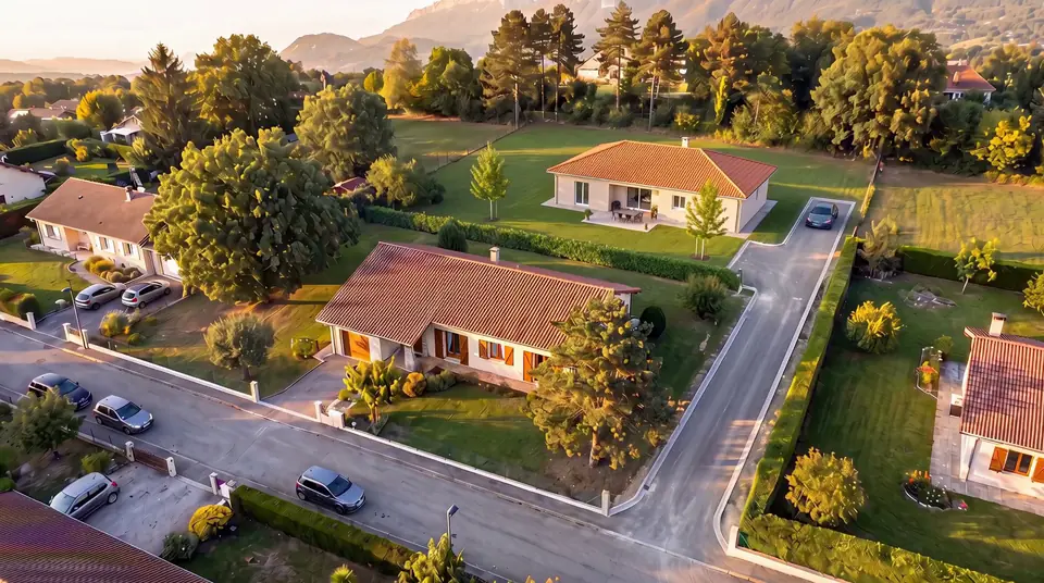 Vue simulée : la maison est gardée ; une maison neuve est construite au fond du jardin, desservie par une allée.