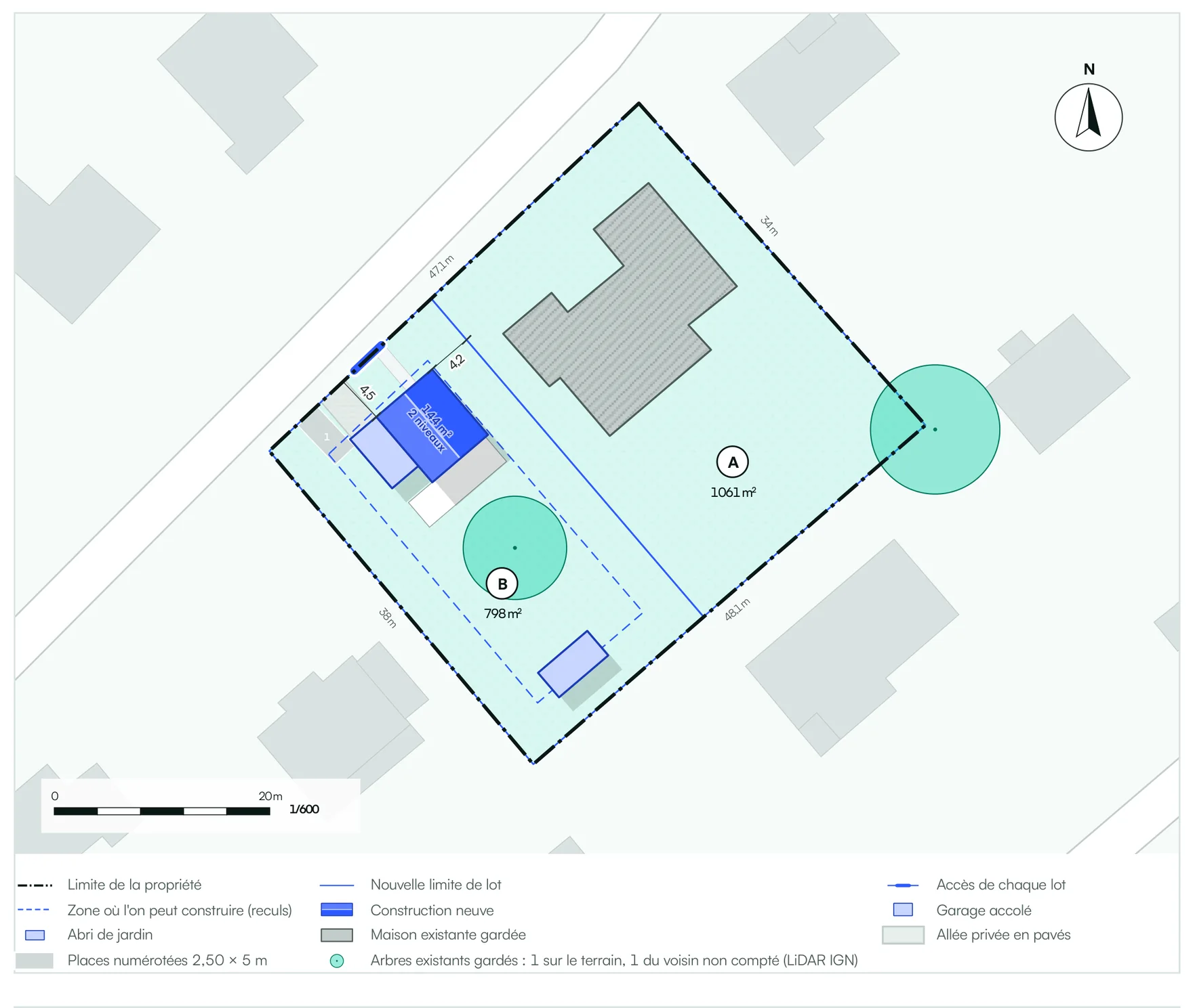 Plan du dossier : la maison gardée sur 1 061 m² et un terrain à bâtir de 798 m² sur la rue, avec sa maison neuve, à l’échelle 1/600.