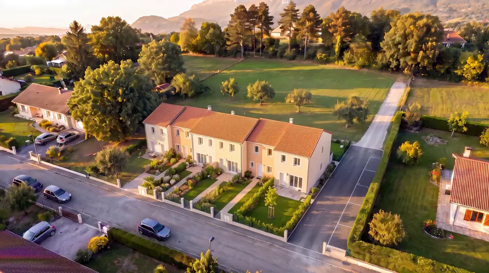 Vue simulée : la maison est démolie ; une rangée de cinq maisons accolées avec leurs jardins.