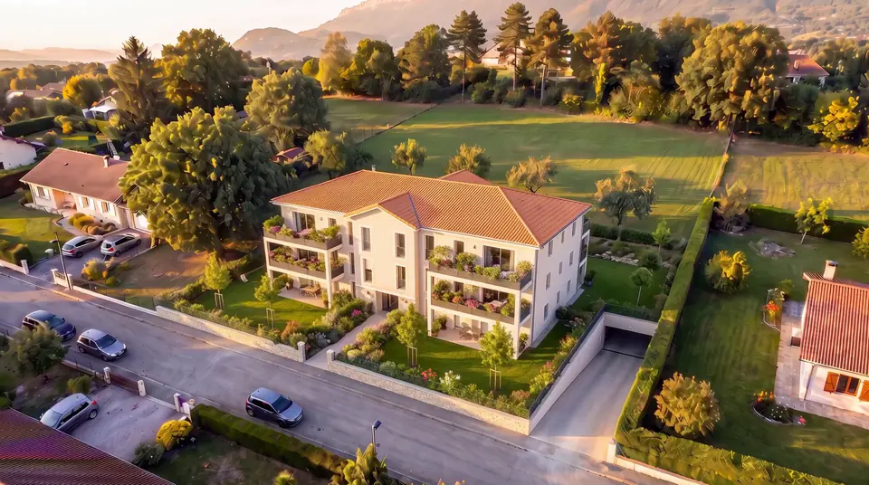 Vue simulée : la maison est démolie ; un immeuble de logements avec balcons occupe le terrain.