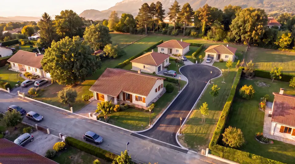 Vue simulée : la maison est gardée ; trois maisons neuves sont desservies par une voie en impasse.