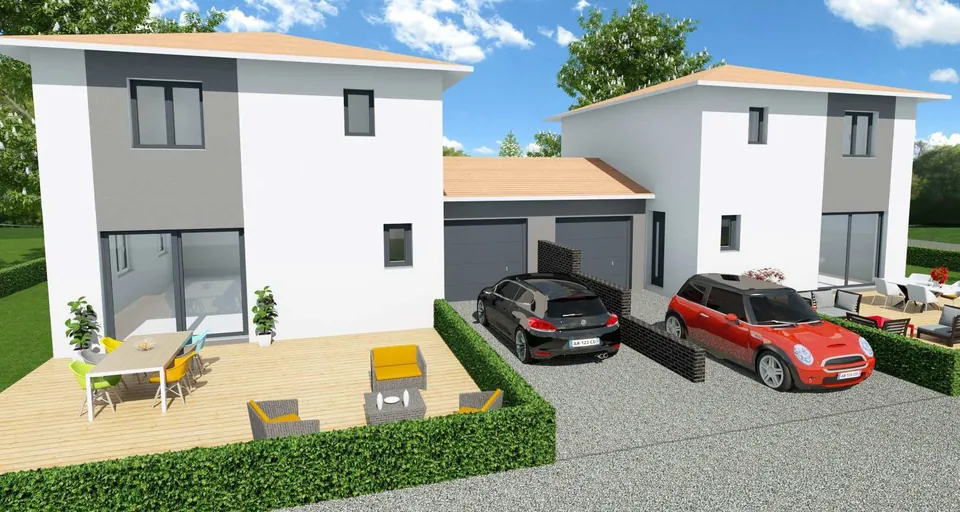 Vue 3D d’étude des deux maisons sur les lots détachés, au Versoud.