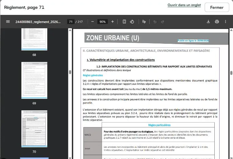 Le règlement d’urbanisme d’une commune, ouvert à la page 71 dans l’analyse Arpendia.